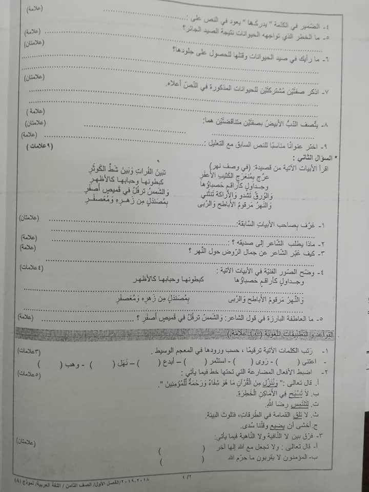NDg3OTAx6 بالصور نموذج A وكالة امتحان اللغة العربية النهائي للصف الثامن الفصل الاول 2018